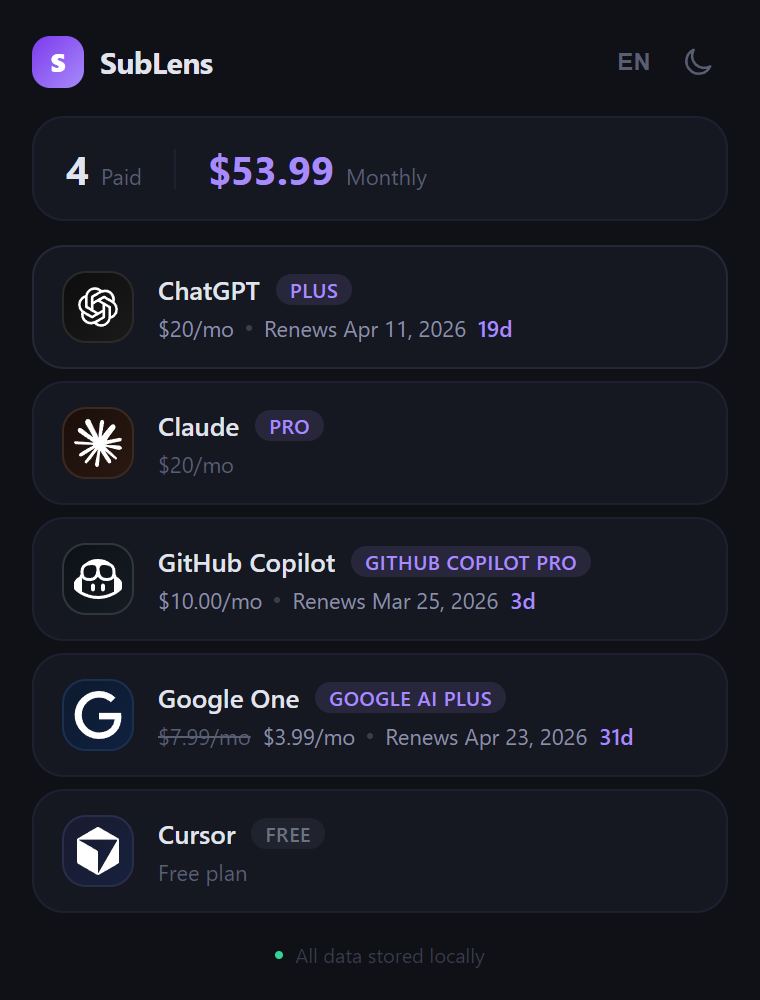 SubLens dark mode — AI subscription cards showing plans, billing dates and costs