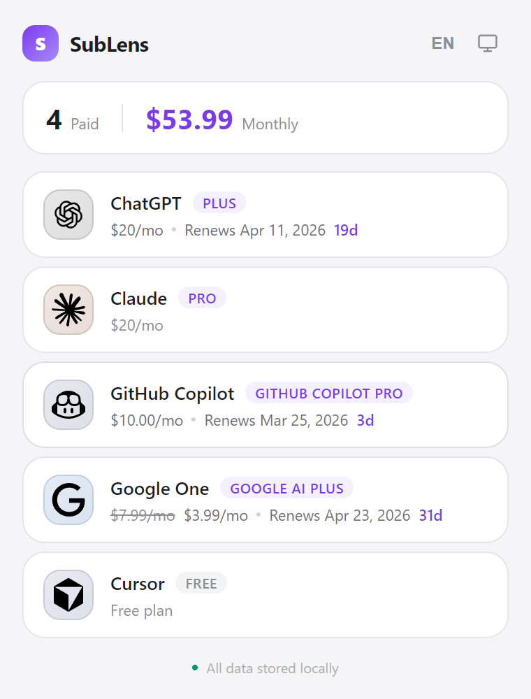 SubLens light mode — AI subscription cards showing plans, billing dates and costs