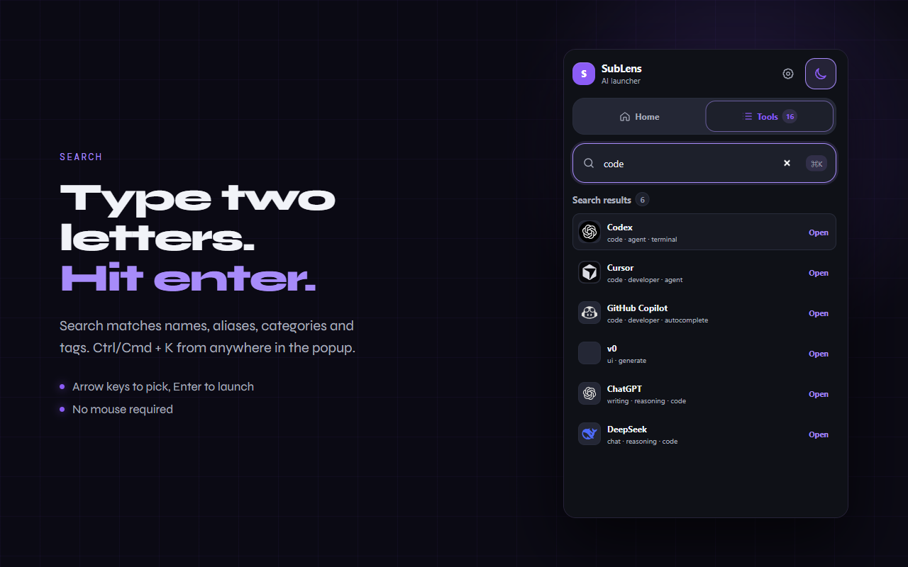 Searching the SubLens catalog for "code" and launching a result with the keyboard